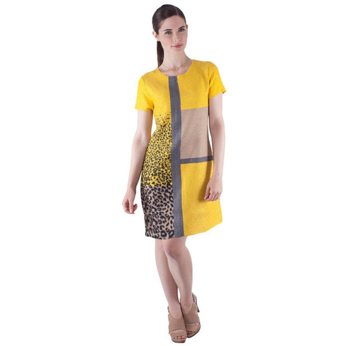 Short Sleeve Multi Tone Sheath Crinkle Dress - DR419 Buttercup
